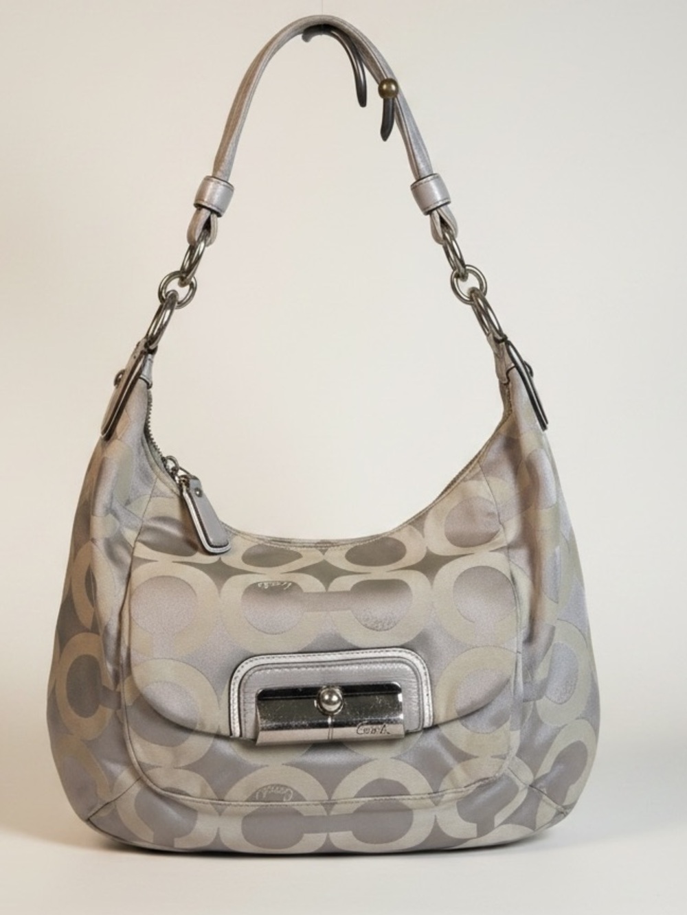 Coach Kristin Op Art Signature Leather Grey Canvas Hobo Shoulder Bag Purse Bouti